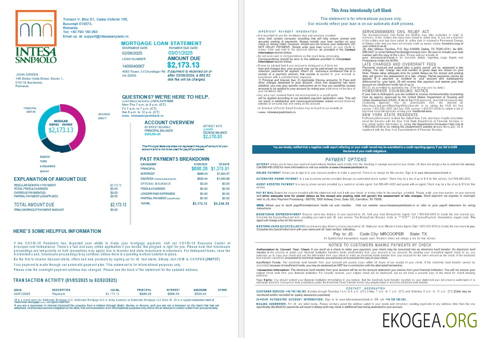 Roumanie Relevé hypothécaire de la banque Intesa Sanpaolo aux formats Word et PDF 1 , 2